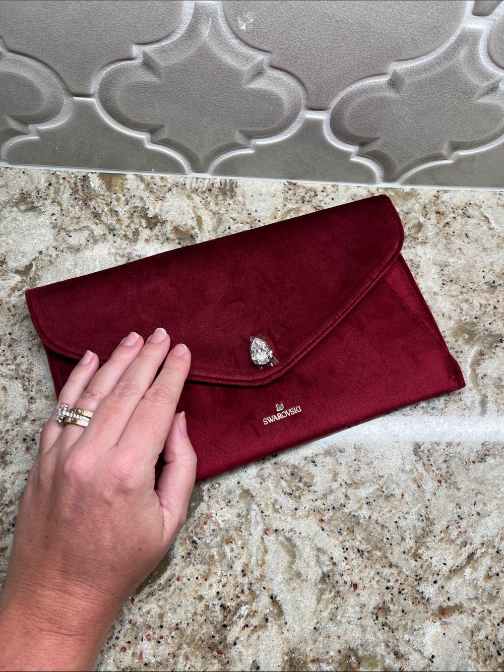 Swarovski Deep Burgundy Velvet Envelope Clutch with Crystal Accent